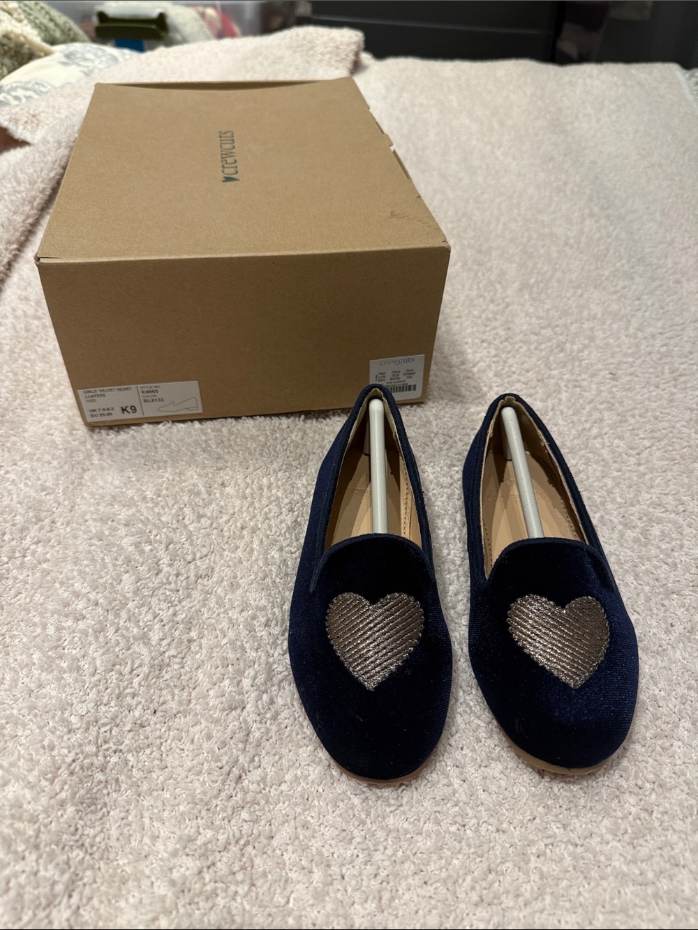 Kids Navy Velvet Loafers with Metallic Heart Accent